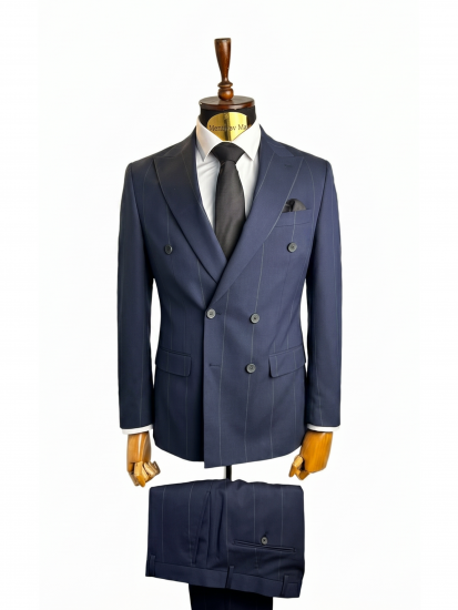 Костюм MAZALTOVMAN 2-ка Двубортный Синий в зеленую полоску