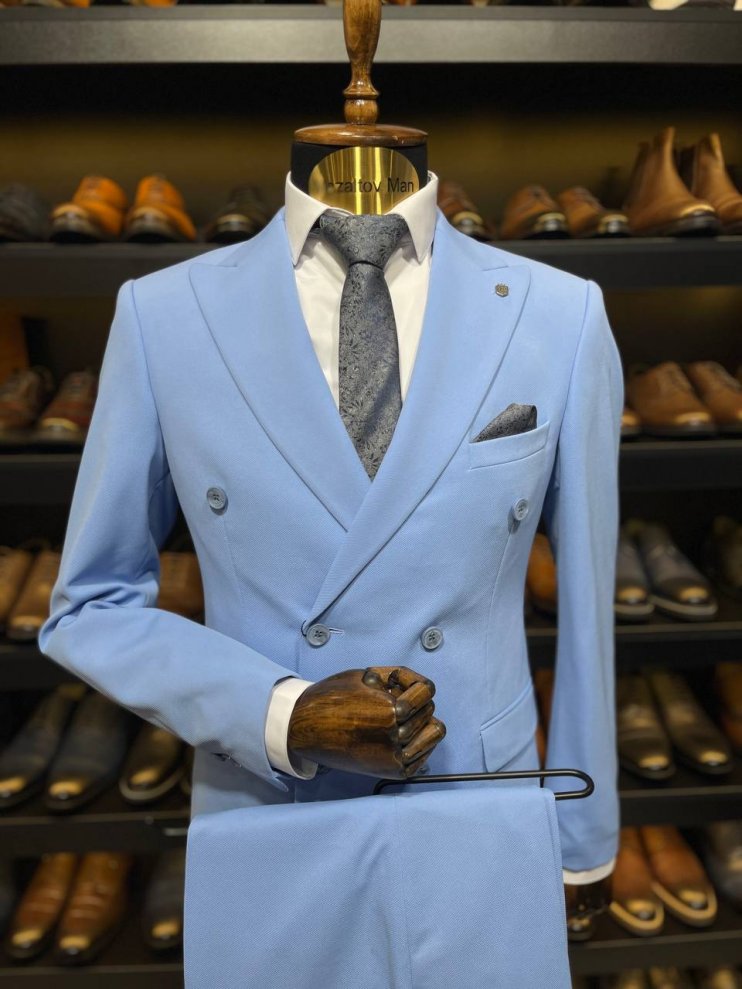 Костюм BEL 2-ка Голубой фактурный двубортный