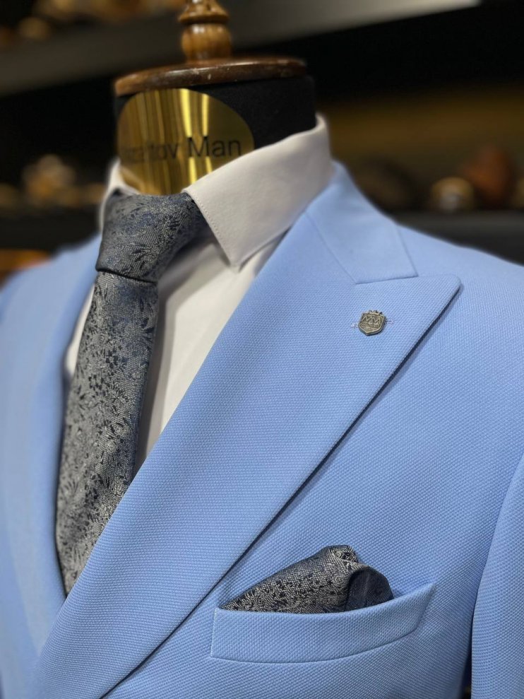 Костюм BEL 2-ка Голубой фактурный двубортный